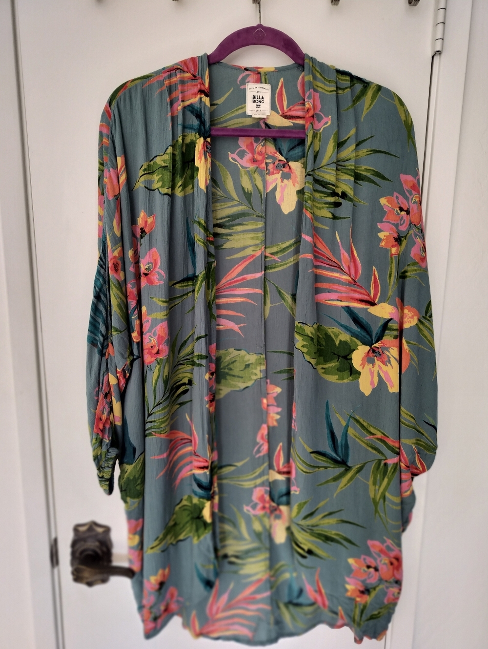 Billabong Tropical Floral Print Kimono (duster/cover-up) Dusty Blue S/M